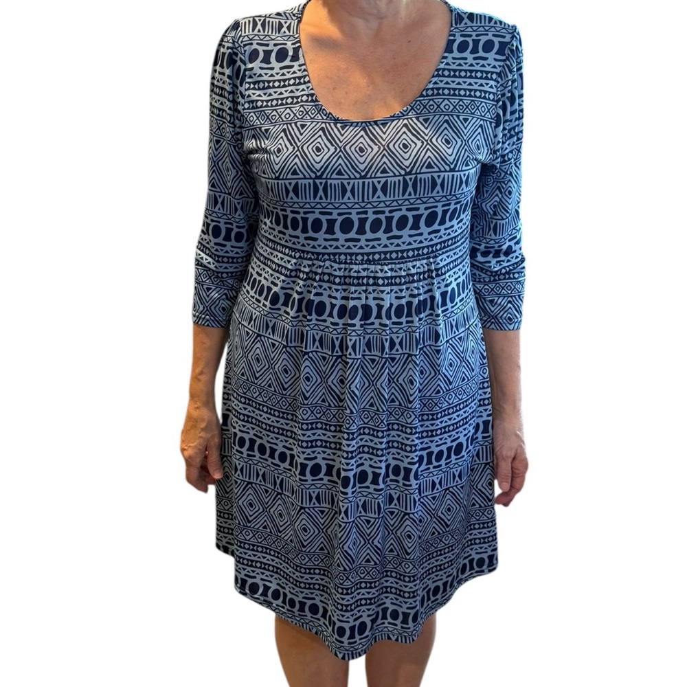 R&B Collection Blue Geometric Patterned Dress Large